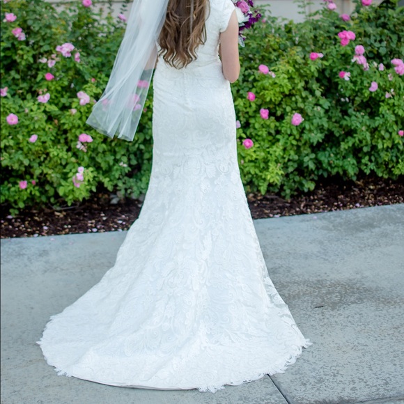 Wedding Dress - High V-Neck, Cap Sleeve, Fit and Flare Wedding Dress - Picture 7 of 11